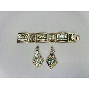 Sterling Silver Set Of Mexican Cuff Bracelet And Dangle Earrings .925 Jewelry